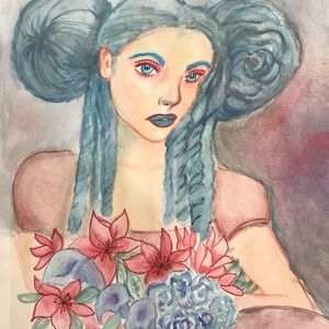 Original watercolor painting Girl with flowers